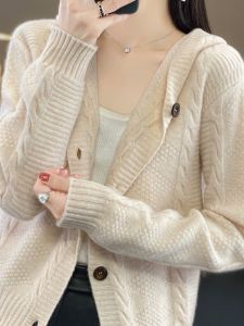 Outlets Big Sale Leak-Picking Counter Withdraw Brand Cashmere Cardigan Womens Fall Winter Hooded Cable Stitch Outwear Woolen Sweater