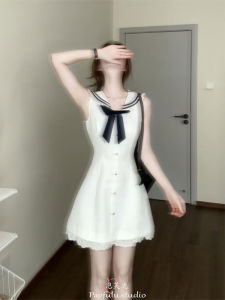 Váy Ren Trắng Ngọt Ngào Có Nơ Thắt Lưng Cao Phong Cách Mùa Hè Mới Váy Vest Cổ Thuyền Cho Nữ Váy Chữ a Thường Ngày