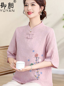 เสื้อยืดคอตตอนลินินแขนสั้นปักลายสไตล์จีนใหม่สำหรับผู้หญิงวัยกลางคน เสื้อเชิ้ตแฟชั่นฤดูร้อน ทรงหลวม ความยาวปกติ