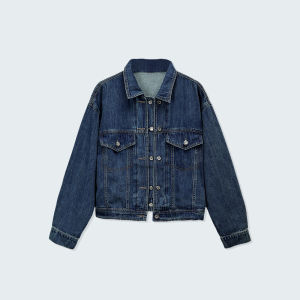 Retro Short Denim Jacket Womens Loose Fashion Top Versatile Cotton Blend Button Front Long Sleeve Pure Color Straight Cut