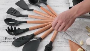 12PCS Silicone Kitchen Utensils set Kitchen tools kitchenwares  Wooden Handle Cooking Set