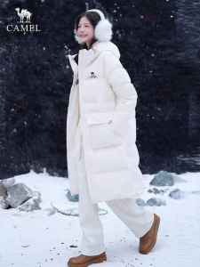 CAMEL | Thickened Warm High Neck Hooded Workwear Style Womens Down Jacket Medium-Long