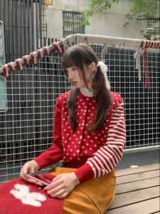 NIHAOKANONG | Áo Cardigan Nữ Dệt Kim Họa Tiết Chấm Bi và Sọc