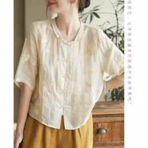 Áo Sơ Mi Cotton Lanh Thêu Tay Bảy Cổ Tròn Mới Mùa Hè Cho Nữ Áo Sơ Mi Nhỏ Chất Liệu Cotton Lanh Phong Cách Mới Cổ Điển Thêu