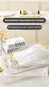Nampan Saji Polycarbonate Transparan Motif Kayu dengan Lis Gold Mewah