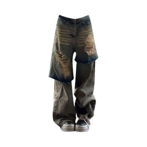 Plus Size American Street Washed Old Heavy Industry Damage Fake Two-Piece Denim Female Loose Slim-Fit Wide-Leg Pants Tide