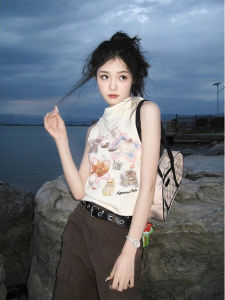 chaqi | Dopamine Summer Short Sleeve Hoodie Tank Top Womens Fun Cat Print Slimming Short Length T-Shirt Commute Style CQQ-2431