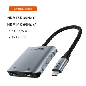 CABLETIME 8K 4-in-1 USB C Hub Với Dual HDMI & DisplayPort Dành Cho Laptop Dell - 30Hz 4K 120Hz PD 100W Dual Display MST Windows MST
