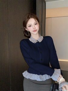 GUZILIAN | Korean Style Long Sleeve Color Block Knitwear Womens Stand Collar Single Button Design Sensation Small Quantity Popular Item