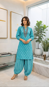 Ready Stock Malaysia | Everyday Comfy Cotton Kurti With Patiala Pants (S to 2XL) | Printed Round Neck | Fusion Closet