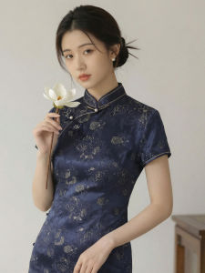 Lightweight Deep Blue Short Sleeve Casual Modified High-quality Elegant Silk Dress
