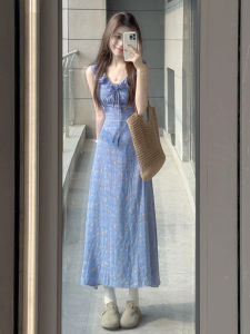 QINWEIYU | French Gentle Blue Floral Print Strapless Dress Women Summer 2025 New Small Size Elegantly Waist Cinched Long Dress