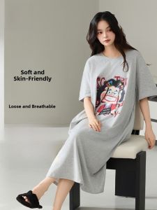 Miiow | Pure Cotton Womens Summer Sleepwear Short Sleeve Loose Breathable Home Clothes Sweet Style Four Seasons Lightweight Dress