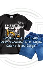 Setelan Anak Laki Laki Baju Kaos Excavator Celana Jeans Cargo Pendek 3-11 Tahun