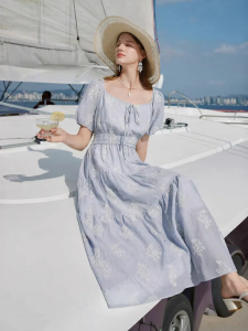 XIANGYING | Đầm A-line Phù Hợp Mùa Hè Pháp Thêu Sọc Xanh 100% Cotton