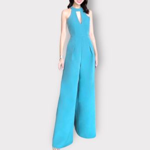 Sleeveless Jumpsuit with Crew Neck, Tie Back, Solid Side Pockets, and Wide Leg, Perfect for Casual and Formal Occasions, S - XL