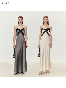 Acetate Satin V-neck Lace Splice Dress Slim French