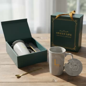 Set Ly Sứ Vân Đá Marble 420ml Có Nắp Thìa Vàng Thiết Kế Phong Cách Bắc Âu Kèm Hộp Đựng Sang Trọn