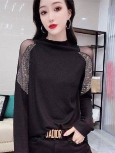 Spring Autumn 2025 New Style Womens Long Sleeve Mesh Splice Diamond Embedded Base Shirt Fashionable Semi High Collar T-shirt
