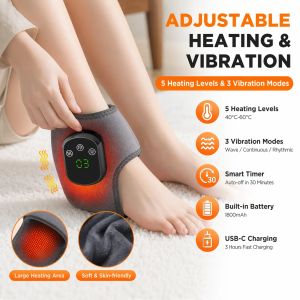 Agdoad | Heated Ankle Massager with 5 Heat Settings 3 Vibration Modes Cordless Adjustable Ankle Wrap for Foot USB Rechargeable for Home