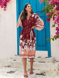 2024 Pareo Beach Tunic Women Printing Belted Kaftan Boho Summer Beach Cardigan Bathing Suit Cover Ups Plus Size