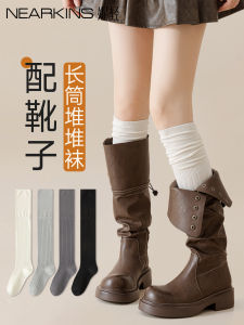 ถุงเท้าถุงน่องยาวถึงเข่าผ้าขนสัตว์สำหรับผู้หญิง ถุงเท้าฤดูใบไม้ผลิและฤดูใบไม้ร่วง ถุงน่องยาวถึงเข่าสีขาว ถุงเท้าลำลอง