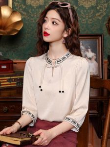 New Chinese Style Embroidered Silk Womens Shirt Seven Sleeve  Silk Top Summer Fashionable Shirt Small Shirt