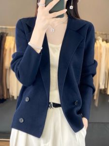Loose Womens Knitted Short Cardigan with Suit Collar Korean Style Casual Long Sleeve Outerwear for Autumn Winter