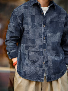 MADEN | American Vintage Patchwork Plaid Checkered Casual Long Sleeve Shirt