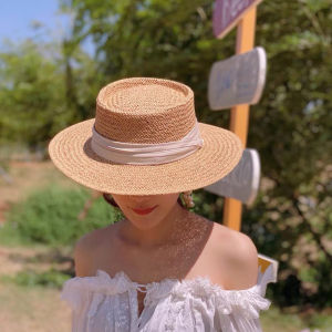 【WJ】 French straw hat summer seaside hat vacation beach hat straw woven sun shading hat versatile retro flat top hat