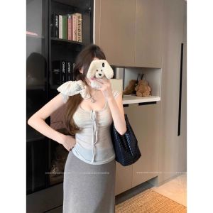 Áo Thun Tay Ngắn Thắt Nút Bướm Mùa Hè Mỏng Thanh Lịch Cho Nữ Áo Thun Cotton Pha Trộn Thường Ngày Cổ Tròn Dài Vừa Phải