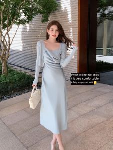 Ms.Daoge French Style Blue Strapless Satin Dress Slim Fit Womens Summer Design High Waist A-Line Skirt V-Neck Zipper Closure
