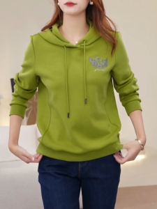 QINGNAER | Autumn New Fashion Casual Loose Large Size Slimming Green Hooded Long Sleeve Sweatshirt