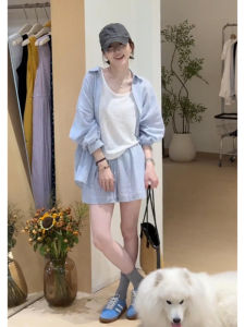 YUEZHONGWEI | Blue Sun Protection Shirt Jacket Two-Piece Set Summer Womens Clothing Age-Defying Elegant Complete Outfit Short Pants