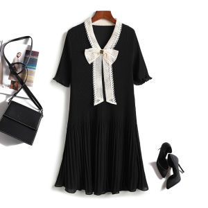 Elegant Ageless French Lace Butterfly Knot V-neck Slimming A-line Chiffon Pleated Dress Womens Fashion Summer Midi Dress