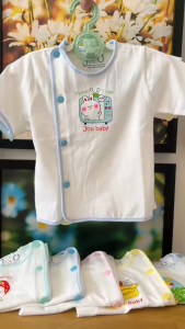 (0-12M/ 3-11Kg) - Set 3-5 Áo Sơ Sinh Cotton JOU - Áo Tay Ngắn Nút Lêch Trắng Cho Bé Trai Bé Gái JOU AC 01