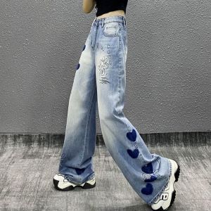 Quần Jeans Denim Ống Rộng Cạp Cao Cho Nữ Mùa Xuân Quần Jeans Denim Thanh Lịch Quần Ống Rộng Thoải Mái Thường Ngày