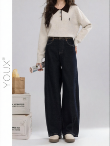 YOUXIANG | Quần Jeans In Báo Rét Cao Cổ Chân Rộng Dày Cho Mùa Thu Đông