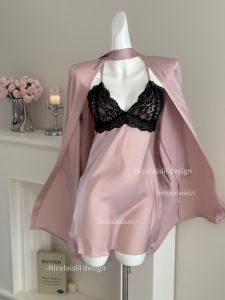 Nicelaisiii แฟชั่นพื้นผิวลูกไม้ชุดนอนชุดหน้าอก Pad V คอฤดูร้อนบริการบ้านสไตล์เซ็กซี่กระโปรงสั้นสําหรับเยาวชน