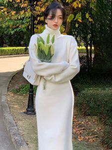 Match with Coat Mid Length Long Length High Collar Sweater Dress over the Knee Elegant Classic Style Inner Wear Base Knitting Dress Female Fall and Winter