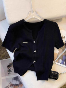 Black V-Neck Short Sleeve Knitted Ice Silk T-Shirt Womens Summer New Style Slim Fit Fashionable Casual Top Ladies Tee