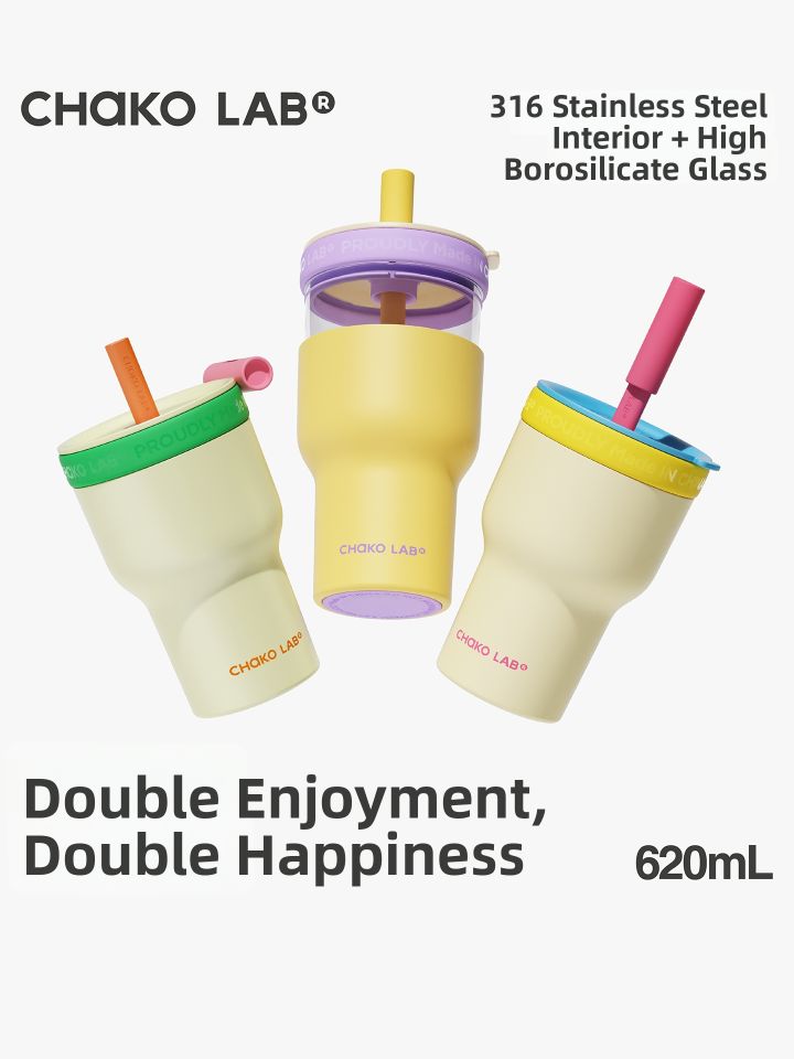CHAKOLAB | Ly giữ nhiệt inox 620ml dung tích lớn có lớp kính borosilicate hai niêm vui cho nữ dùng uống cà phê trà