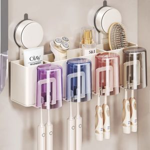 Bathroom Toothbrush Holder Aluminum Alloy Drill-Free Suction Cup Toothpaste Cup Rack Double Toothbrush Stand Cream Style
