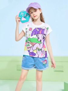 Girls Cartoon Short T-Shirt Casual Cotton Blend Comfortable Spring Autumn Wear for Ages 4-13 Cute Fashionable Top