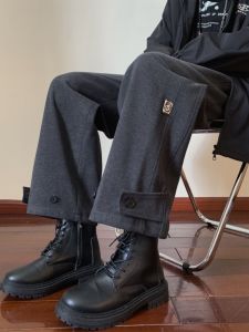 Mens Thickened Woolen Pants Spring Autumn Wide Leg Straight Casual Long Trousers Loose Fit Retro Style Teenager Fashion