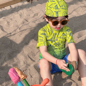 Boys Gradient Cartoon Dinosaur Swimwear Short Sleeve Onesie Quick Dry Swimming Suit Childrens Summer Fashionable Waterwear