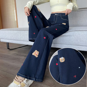 Womens Fleece Lined Micro Flare Denim Jeans Embroidered Bear Pattern High Waist Cotton Stretch Denim Casual Outdoor Wear