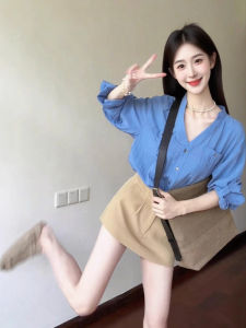 XIAOQIAOJIA | Blue V-neck Long Sleeve Shirt Womens High Waist Slimming Skirt Two-piece Set Korean Style Summer Elegant Khaki Color