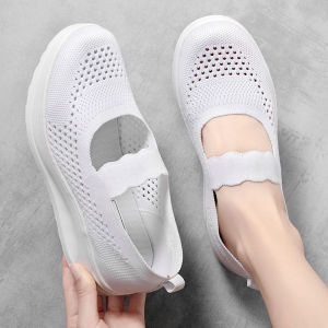 Ruideng Womens Shoes Thick Bottom Breathable Mesh Sporty Casual Low Top Elastic Band mid Heel Foam Rubber Outsole Shoes