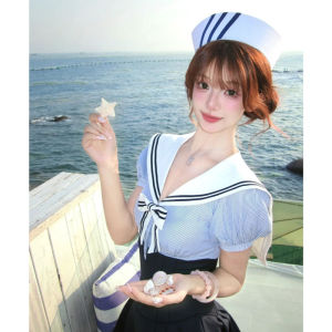 Miniature Beach Vacation Style Two-Piece Set Butterfly Knot Cotton Short Sleeve V-Neck Top And Half Skirt Whole Suit